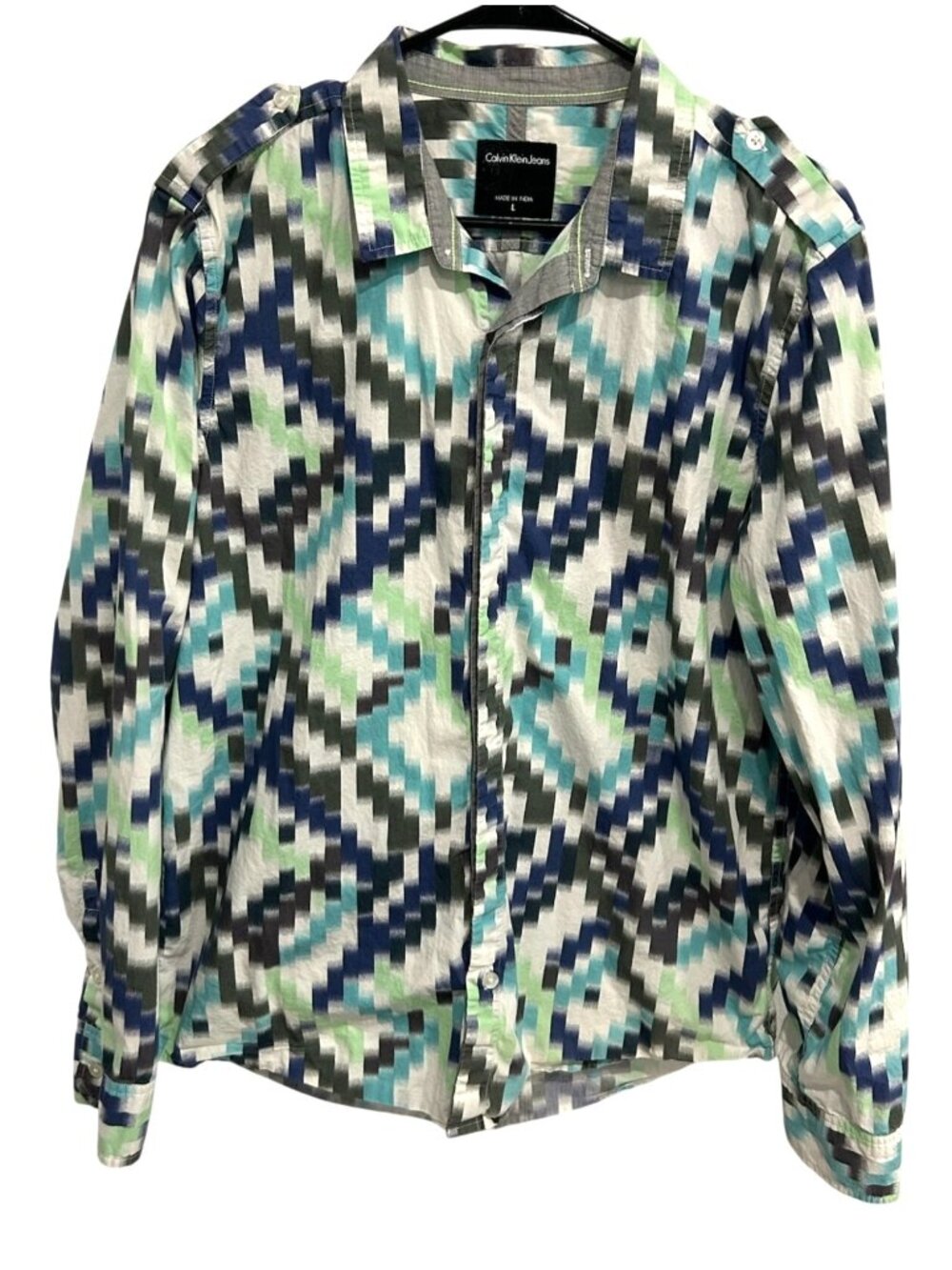 Calvin Klein Jeans Large Men Blue Mountain Geometric Button Down Shirt Indie
